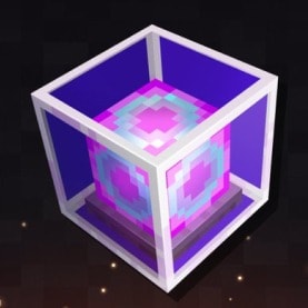 A magical glass block with a purple cube inside of it.