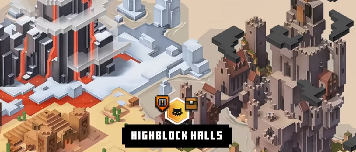 An isometric map from Minecraft Dungeons, depicting the mission Highblock Halls.