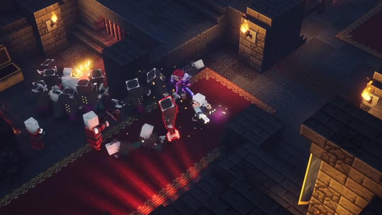 Two player characters fighting against illagers inside Highblock Halls in Minecraft Dungeons.