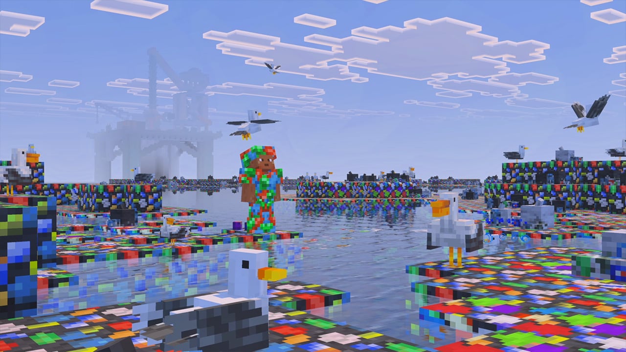 person walking around plastic waste on the water