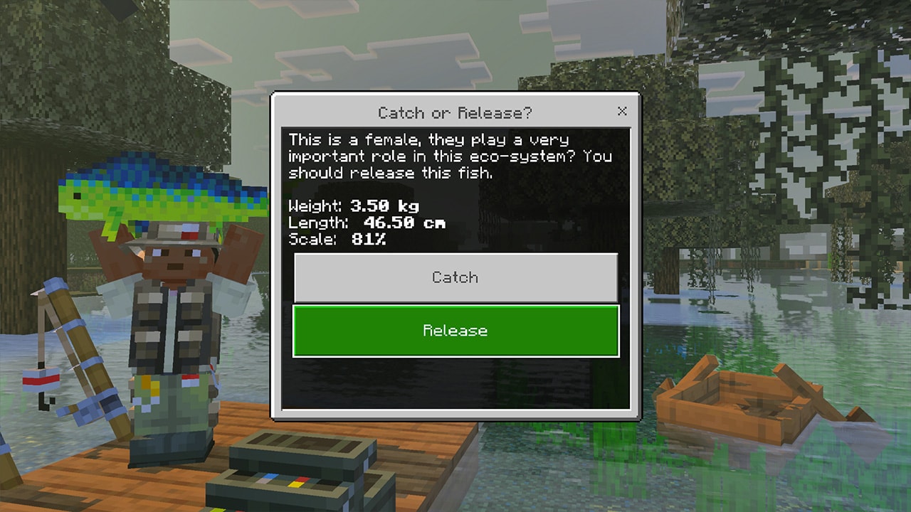 menu screen with pop-up box with info about fish