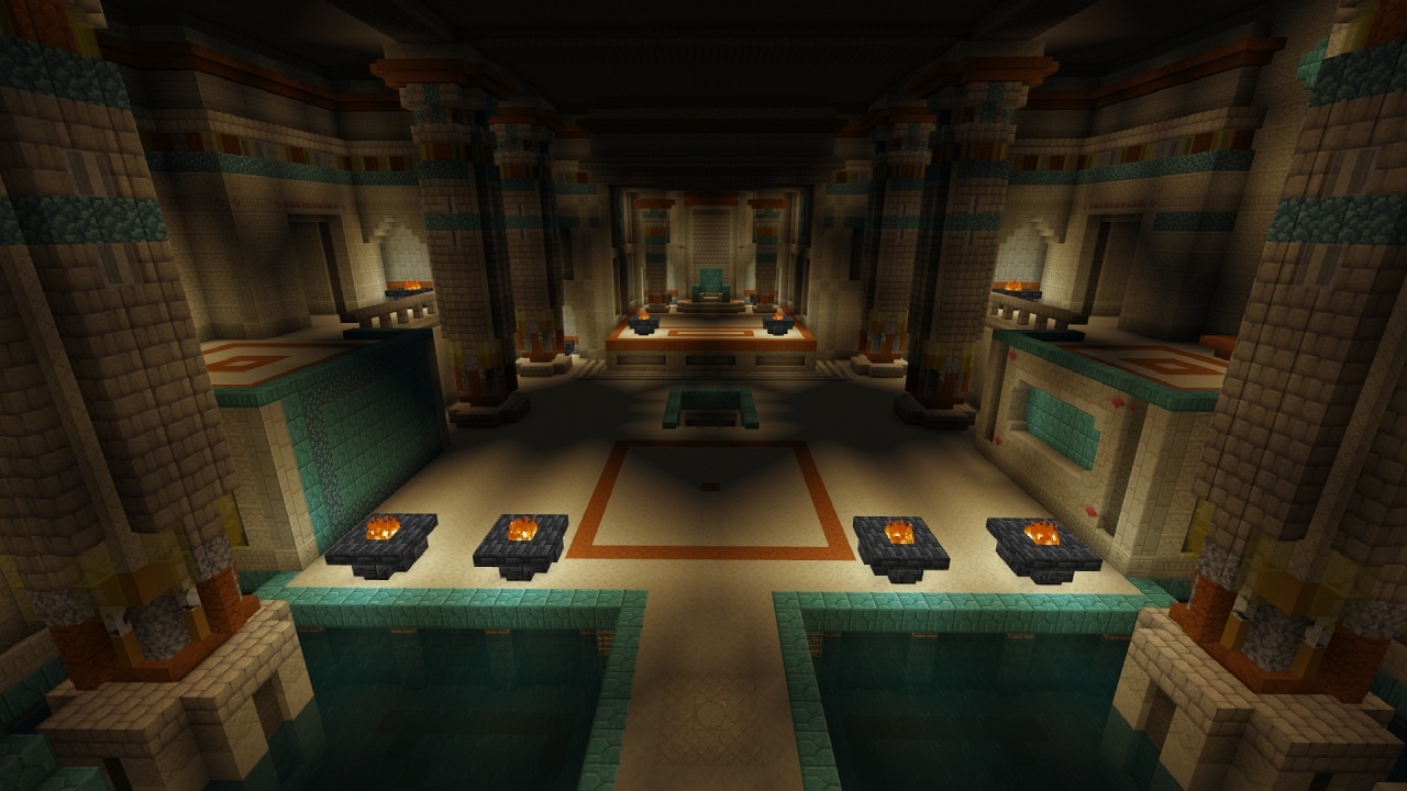 A screenshot of a large ornate chamber from the pyramid in M.A.T.H. Mummy Mayhem