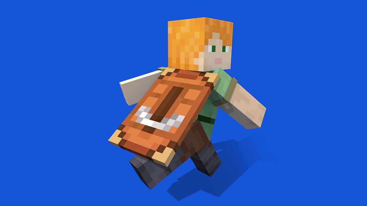 An image of Alex wearing the Builder cape on a blue background. The cape features a pickaxe design.