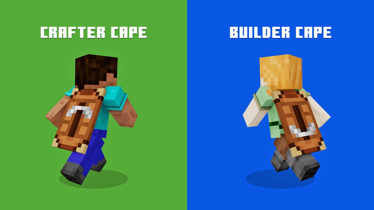 An image of Steve and Alex side by side, wearing the Crafter Cape and Builder Cape, respectively.