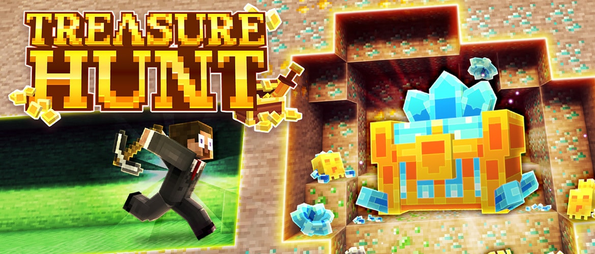 Treasure Hunt promotional image featuring a player sprinting with a pickaxe beside a massive treasure chest overflowing with crystals and loot.