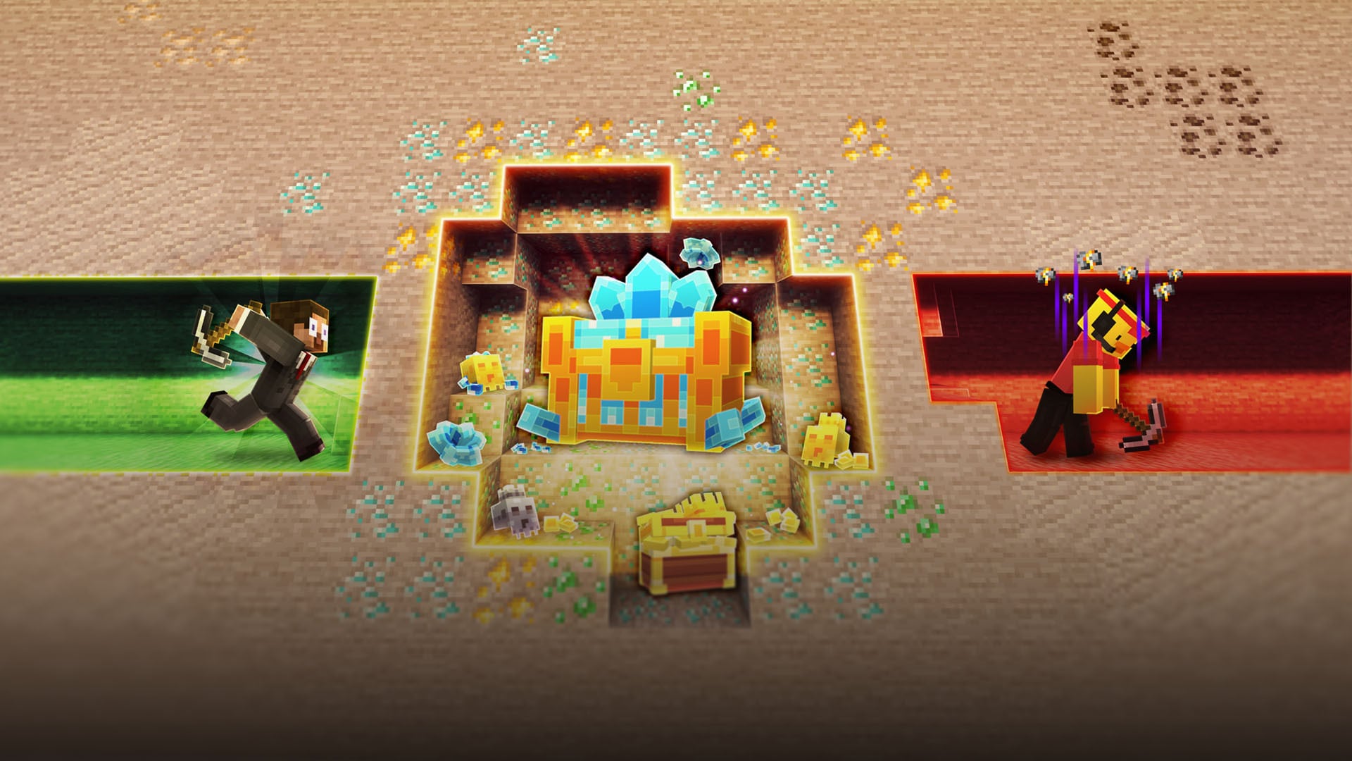 Treasure Hunt promotional image featuring two player sprinting with pickaxes towards a massive treasure chest overflowing with crystals and loot.