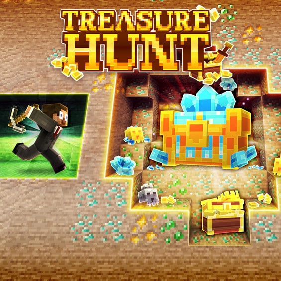 Minecraft Treasure Hunt promotional artwork featuring a player exploring underground treasure chambers filled with glowing crystal chests, gems, and hidden loot.