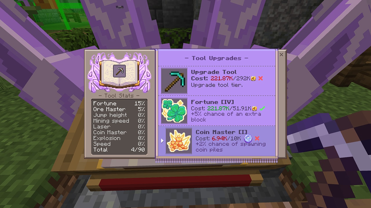 A tool upgrade menu displays mining bonuses, upgrade options, and currency costs.