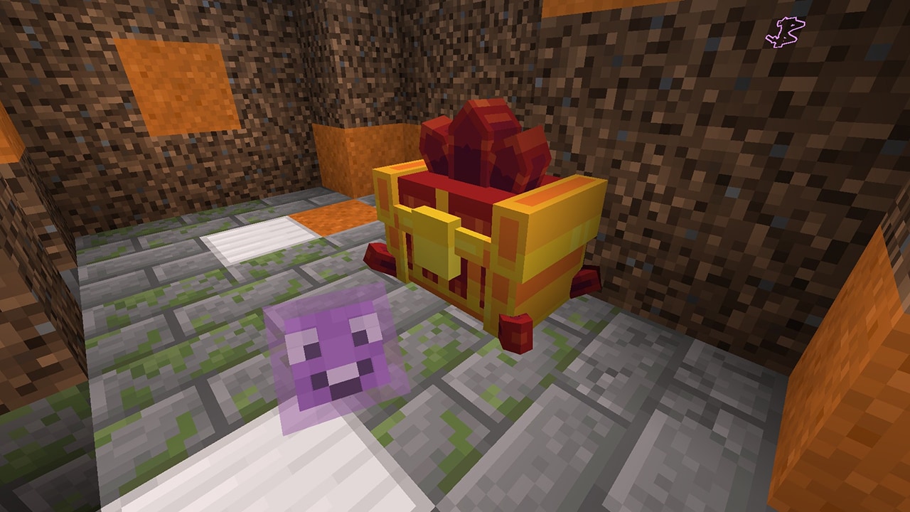 A glowing red crystal treasure chest rests inside a small underground chamber beside a purple pet.