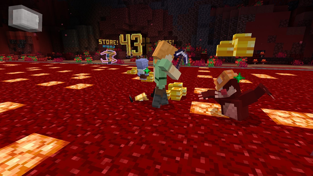 Players mine for treasure in a crimson cavern while gold piles, pets, and score markers fill the underground landscape.