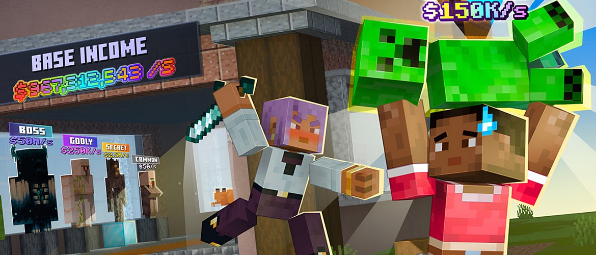 A Minecraft character confronts an attacker outside a base displaying income rates, while another character, carrying  a green Creeper overhead, attempts to escape.