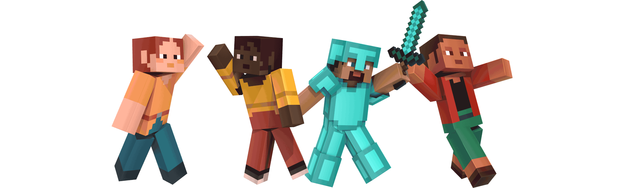 Four Minecraft characters leap and pose together in a playful group, one holding a diamond sword.