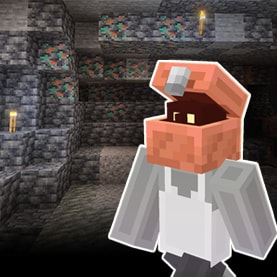 A player in a cave with copper ore, wearing the Copper Collector Character Creator item on its head which looks like a copper chest.