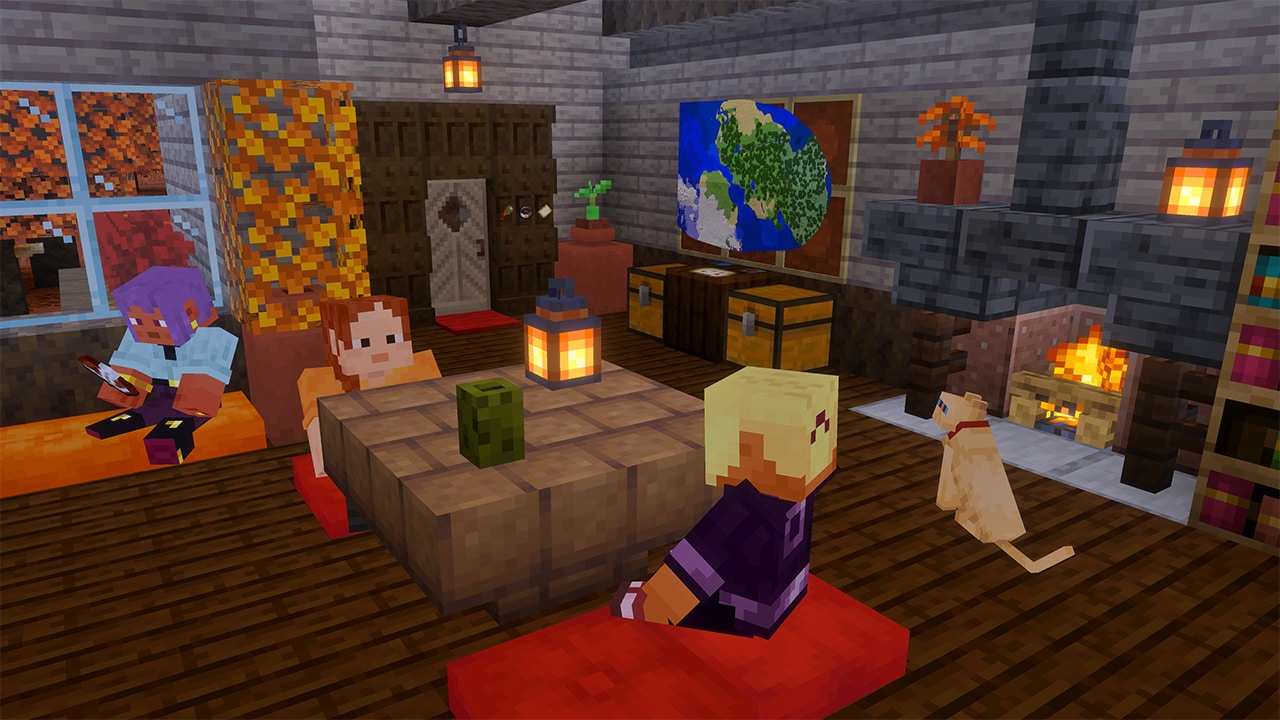 Three players and their cat inside a base with a poplar wood door with a diamond shaped window. The dappled forest is seen through the window.