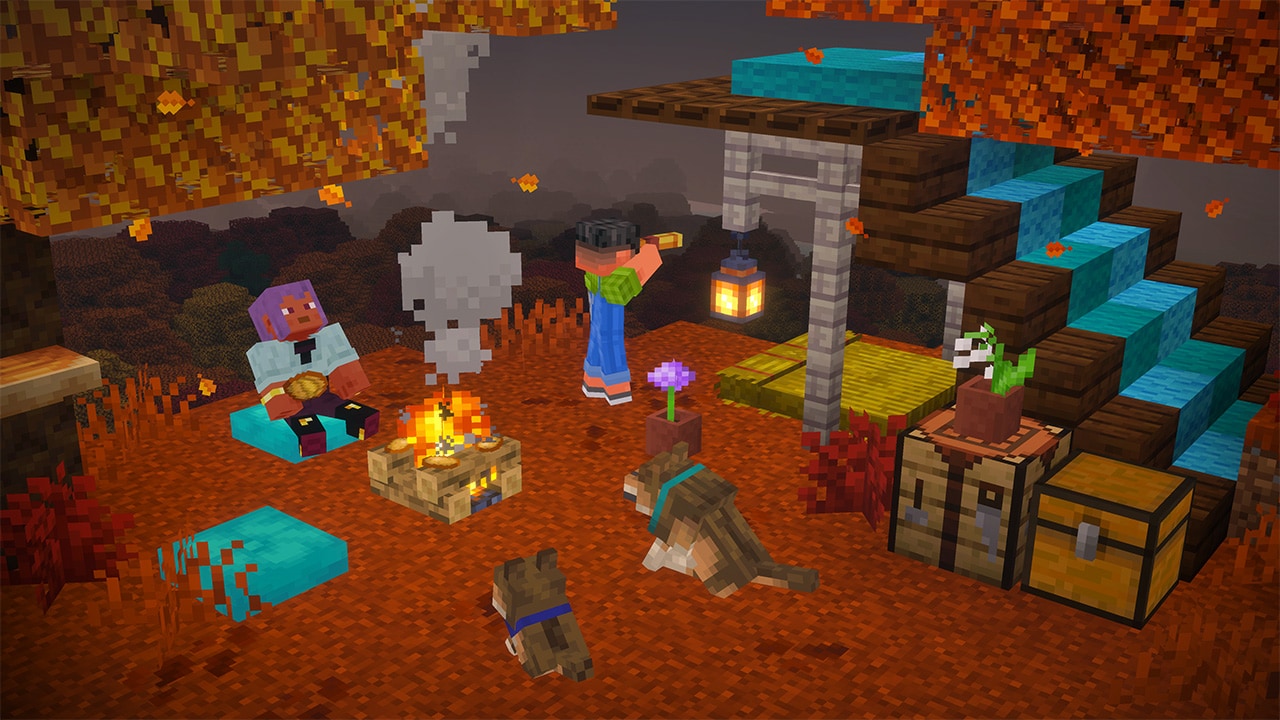 Two players and two tamed wolves in a camp at night in the dappled forest. One is sitting on a cushion by the campfire and the other is using a spyglass. Two strawbeds are in the shelter.