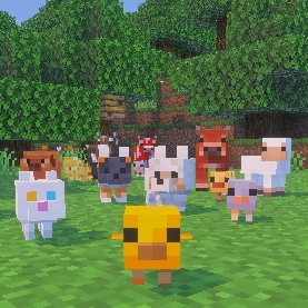 Several baby chickens, wolf pups, kittens, piglets, lambs, and calves facing the screen