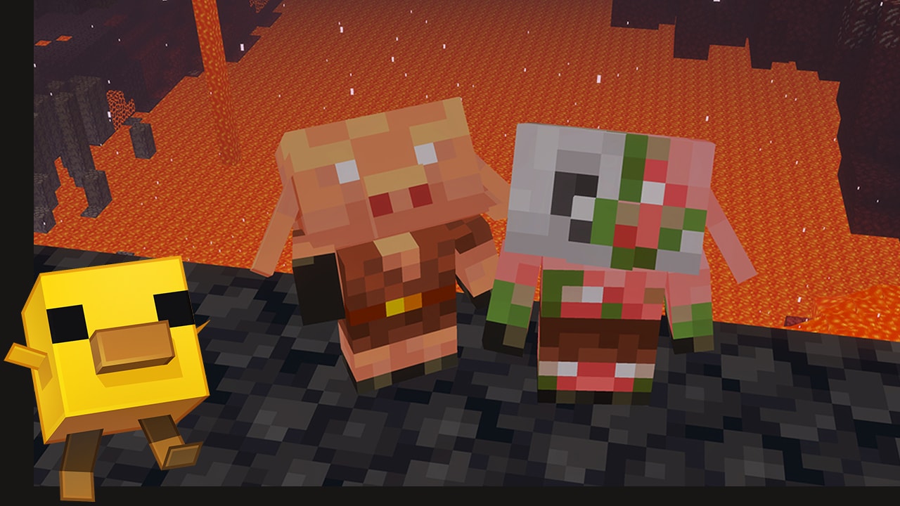 A baby piglin and a baby zombie pilgin stand on a dark cliff in the Nether, overlooking a vast lava lake. Orange light and lavafalls below emphasize danger and height.