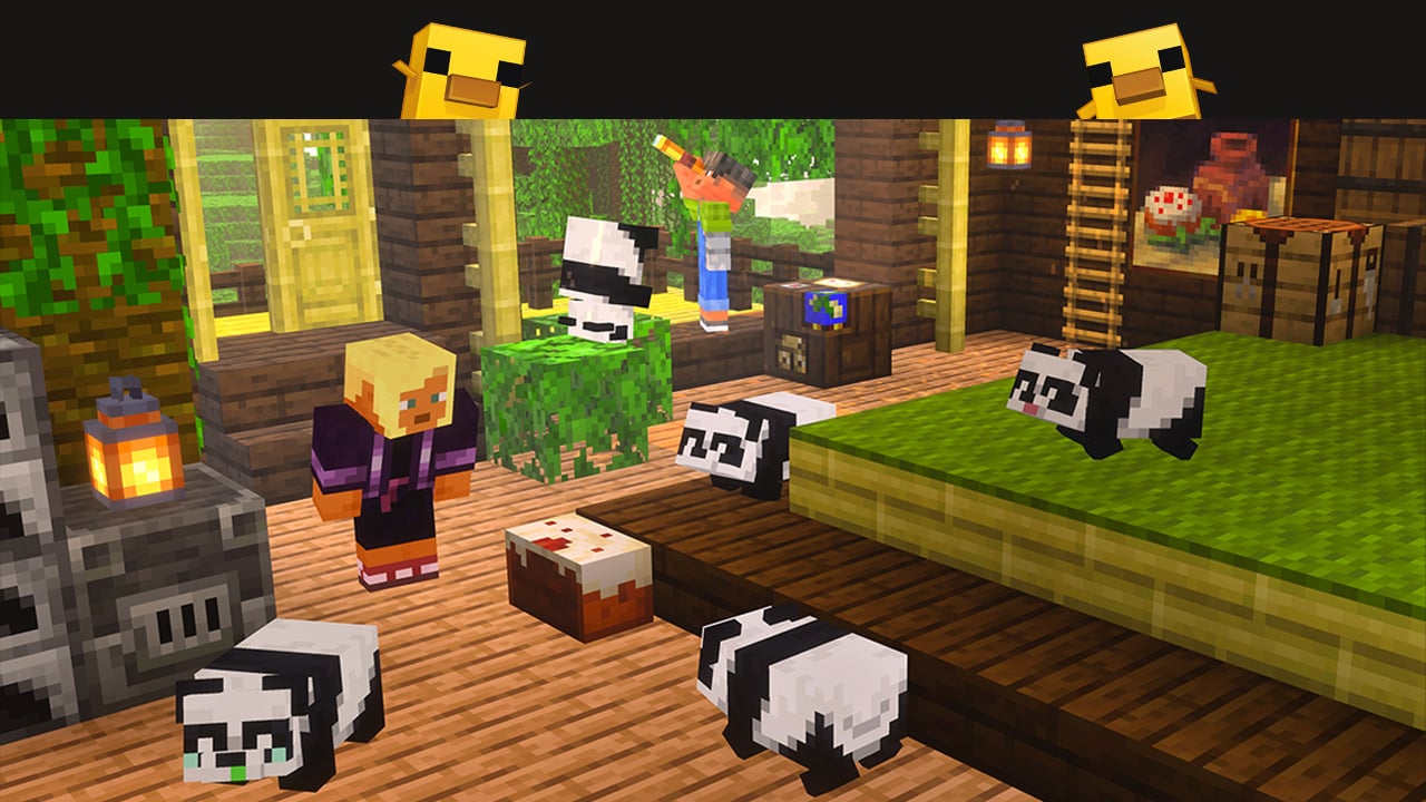 Inside a cozy wooden room, many baby pandas lounge and tumble on the floor and bed. A player stands near a cake, with warm lantern light and a window to greenery.