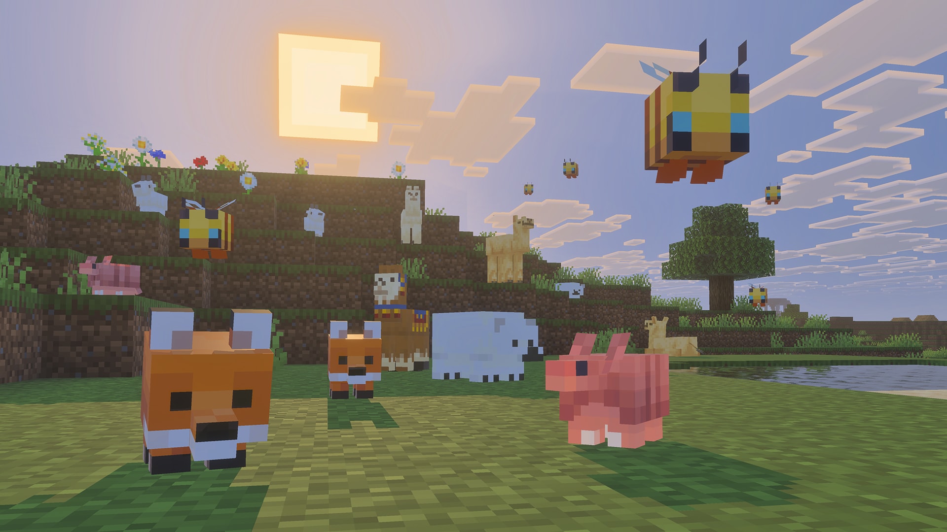 A screenshot showing two baby foxes, a baby polar bear, and a baby armadillo standing on a grassy field. Several baby bees hovers above them. Blocky hills and flowers are in the background, with the blocky sun low in the sky.
