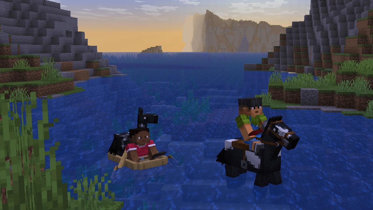 Two Minecraft players travel across a river between rocky hills. One rides a black horse through the water, while another floats with a foal using a small boat.