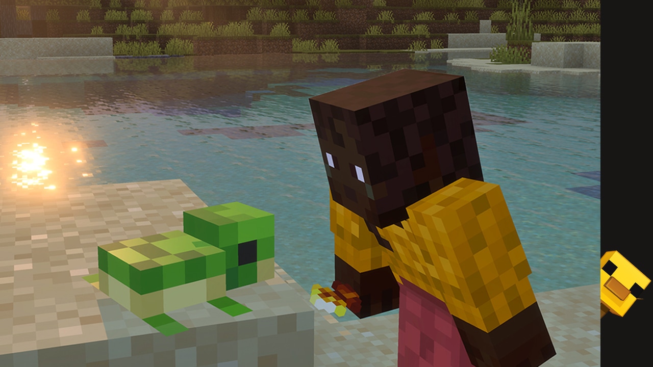 A player character holding a golden dandelion leans towards a tiny baby turtle on a sand block. The sunset glitters in the water behind them.