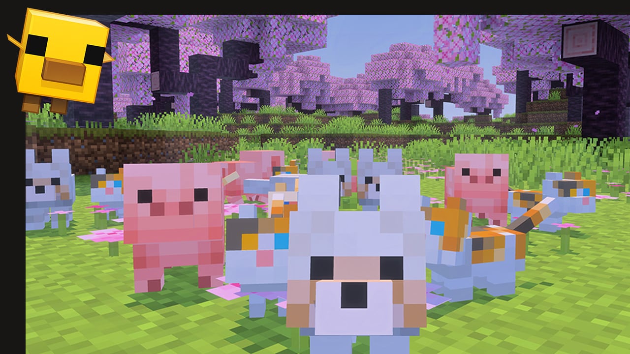 Several wolf pups, kittens, and pig lets stand in the cherry grove looking towards the camera.​