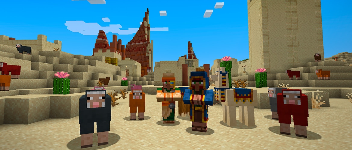 Different colored sheep, a wandering trader, and a cartographer in the desert