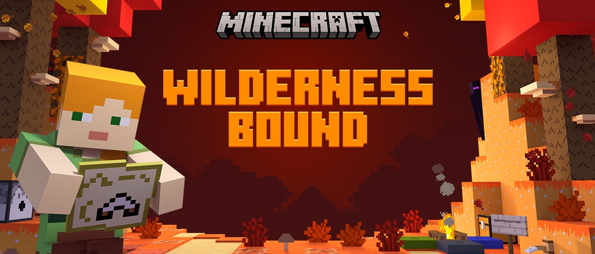 A player character standing in front of the dappled forest and a campfire, holding a map to the abandoned camp. Wilderness Bound spelled out in blocky letters above.