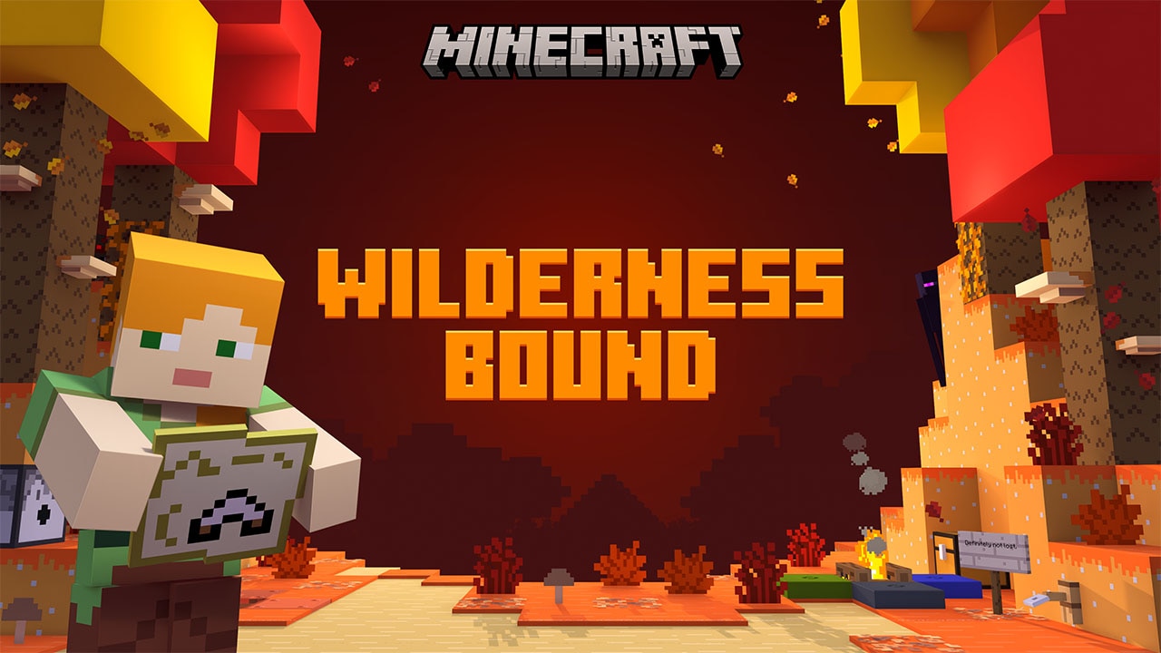 A player character standing in front of the dappled forest and a campfire, holding a map to the abandoned camp. Wilderness Bound spelled out in blocky letters above.