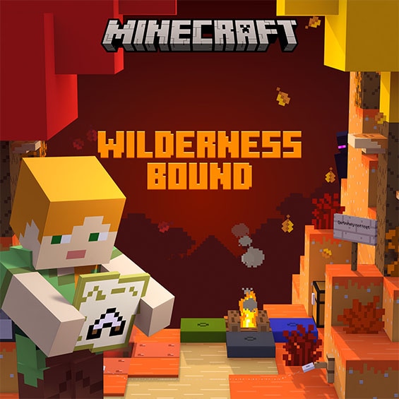 A player character standing in front of the dappled forest and a campfire, holding a map to the abandoned camp. Wilderness Bound spelled out in blocky letters above.