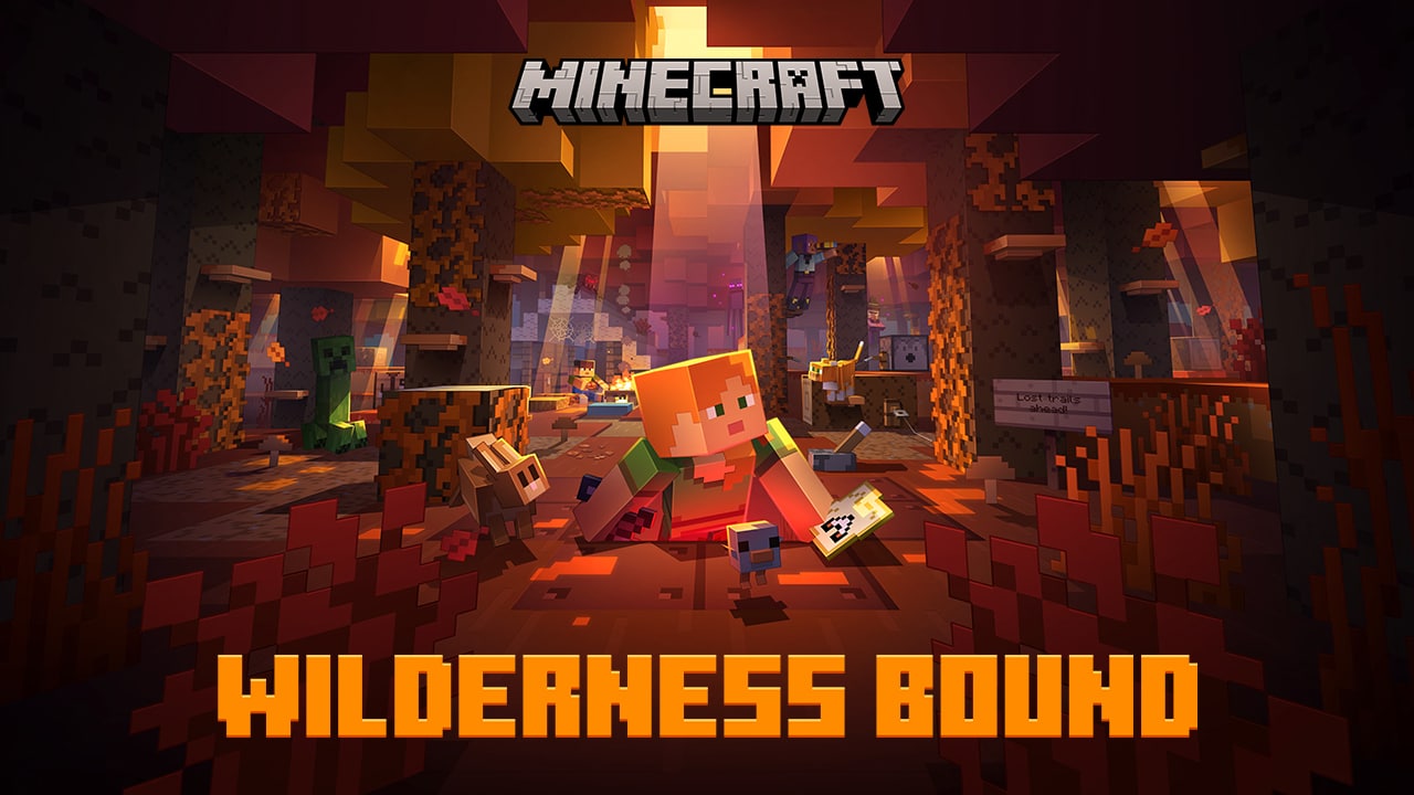 Alex peeking out of a hole holding a map in the dappled forest with Wilderness Bound written below