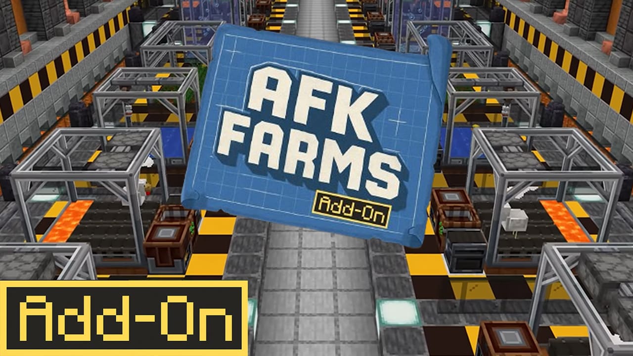 A busy automated factory floor filled with conveyor belts, machines, and colorful resource cells sits behind a blue “AFK Farms” banner. A yellow “Add‑On” tag appears in the corner against the industrial backdrop.