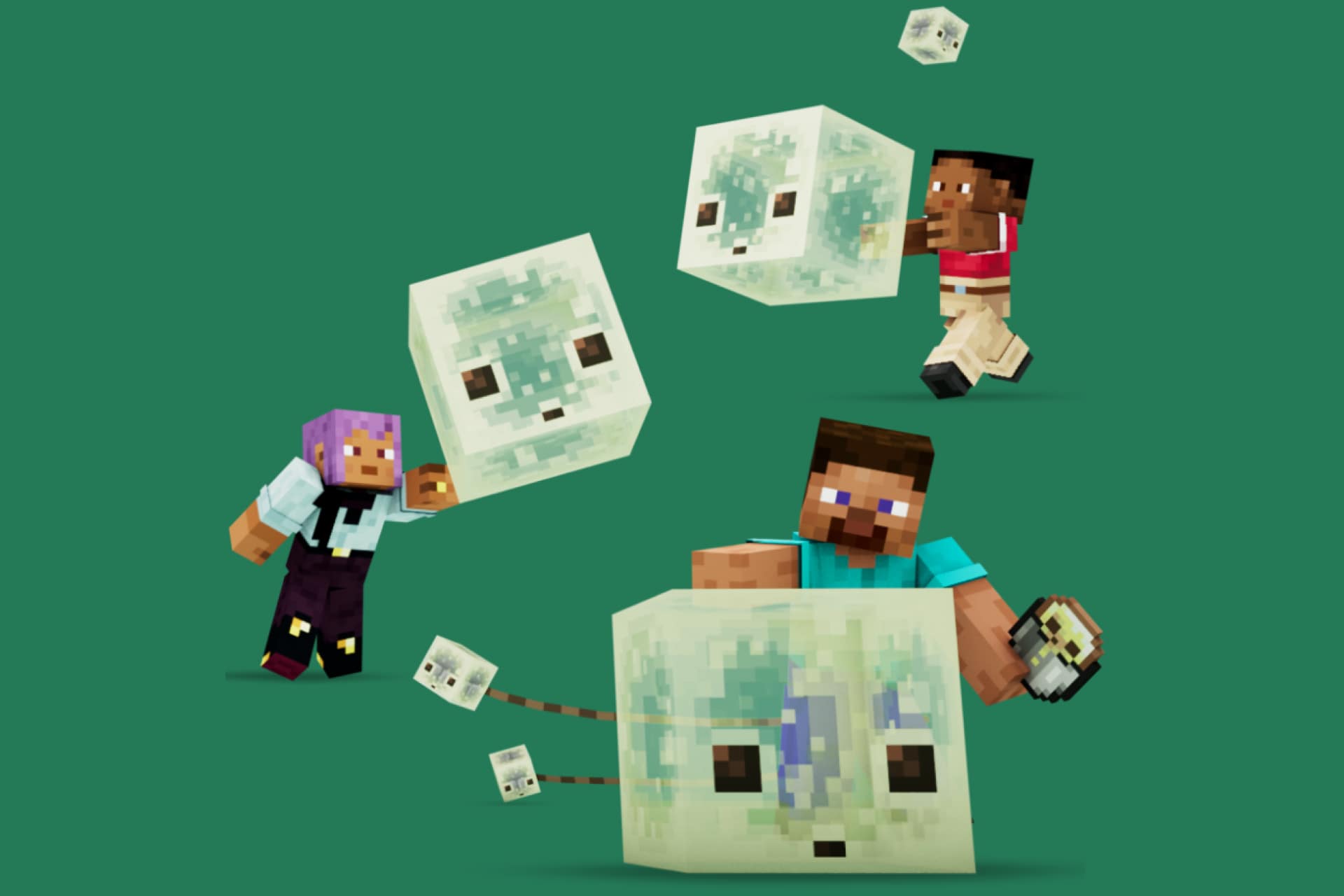 Minecraft artwork showing two players interacting with several sulfur cube mobs of different sizes against a green background