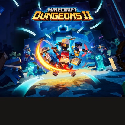 Minecraft Dungeons II logo above heroes battling monsters in a glowing blue dungeon.