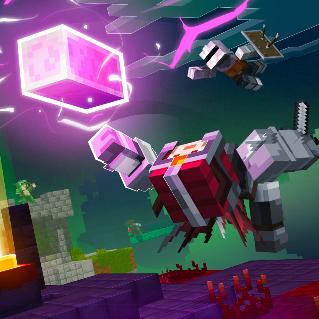 Ağır zırhlı iki Minecraft karakteri, parlayan pembe bir bloğu yakalamaya çalışarak havada süzülüyor.