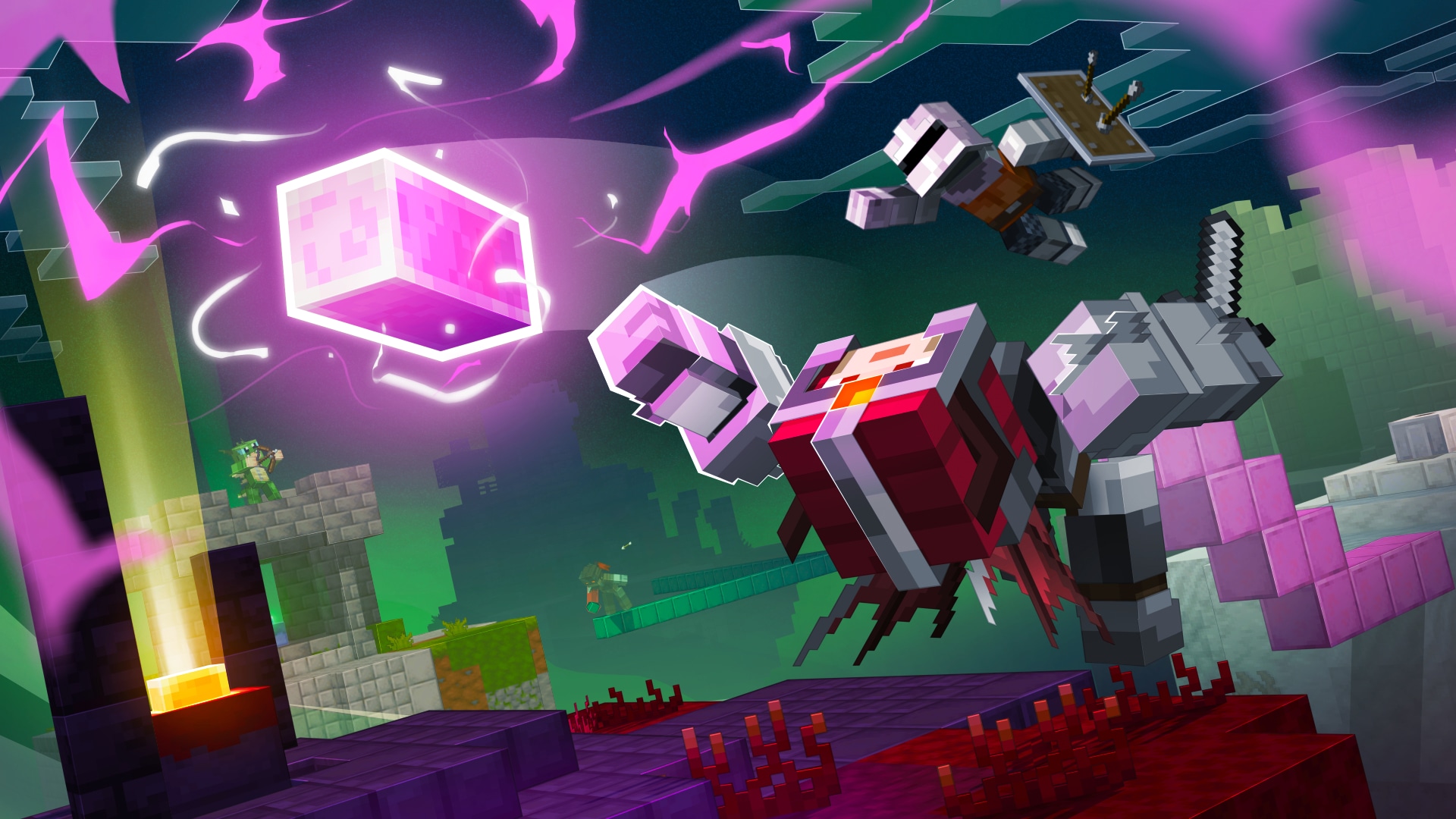 Minecraft Dimension Clash promotional artwork showing players and enemies battling around a glowing dimensional cube amid colorful portals and floating structures.