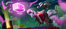 Ağır zırhlı iki Minecraft karakteri, parlayan pembe bir bloğu yakalamaya çalışarak havada süzülüyor.