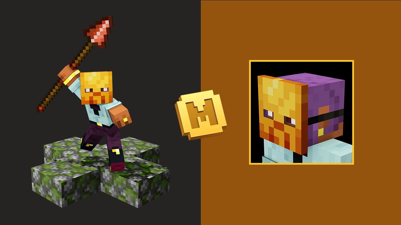 A player wearing a golden zombie mask leaps forward with a spear atop mossy stone. A close‑up of the same gold‑and‑purple mask appears on a brown background beside a Minecoin icon.