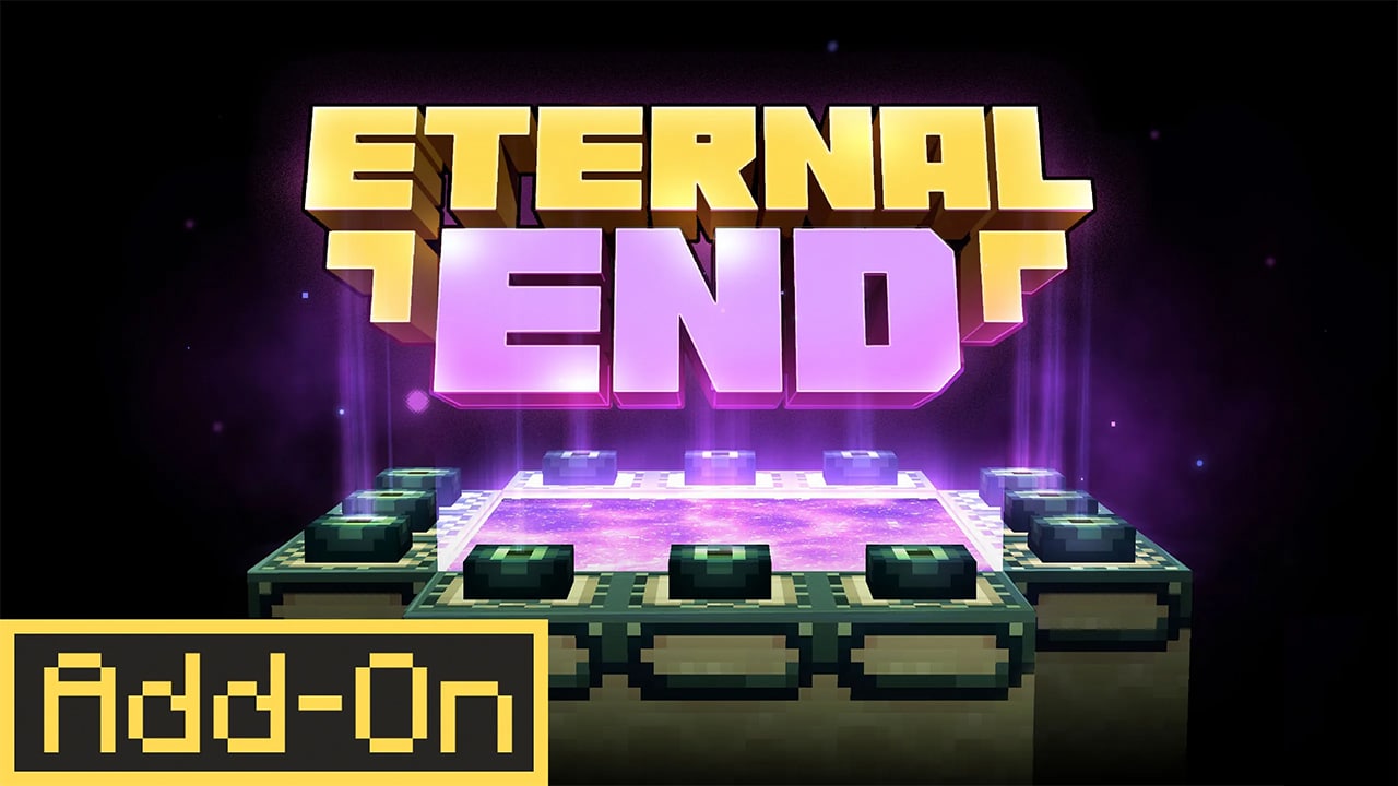 A glowing End portal sits beneath swirling purple light as the words “Eternal End” appear above it. A yellow “Add‑On” tag sits in the corner against a dark, starry background.