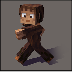Personaggio di Minecraft con indosso un abito marrone che cammina in avanti.
