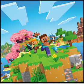 Steve e Alex corrono attraverso un paesaggio colorato di Minecraft, tra animali e alberi di ciliegio in fiore.
