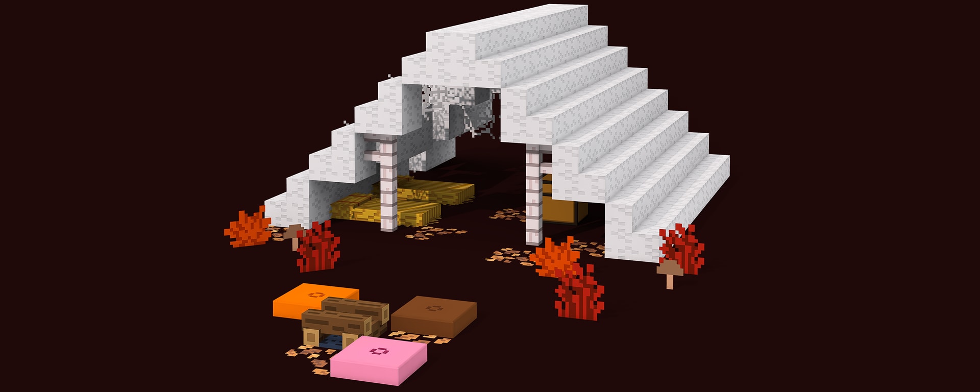 An abandoned camp with a shelter, straw beds, cushions, and an unlit campfire.