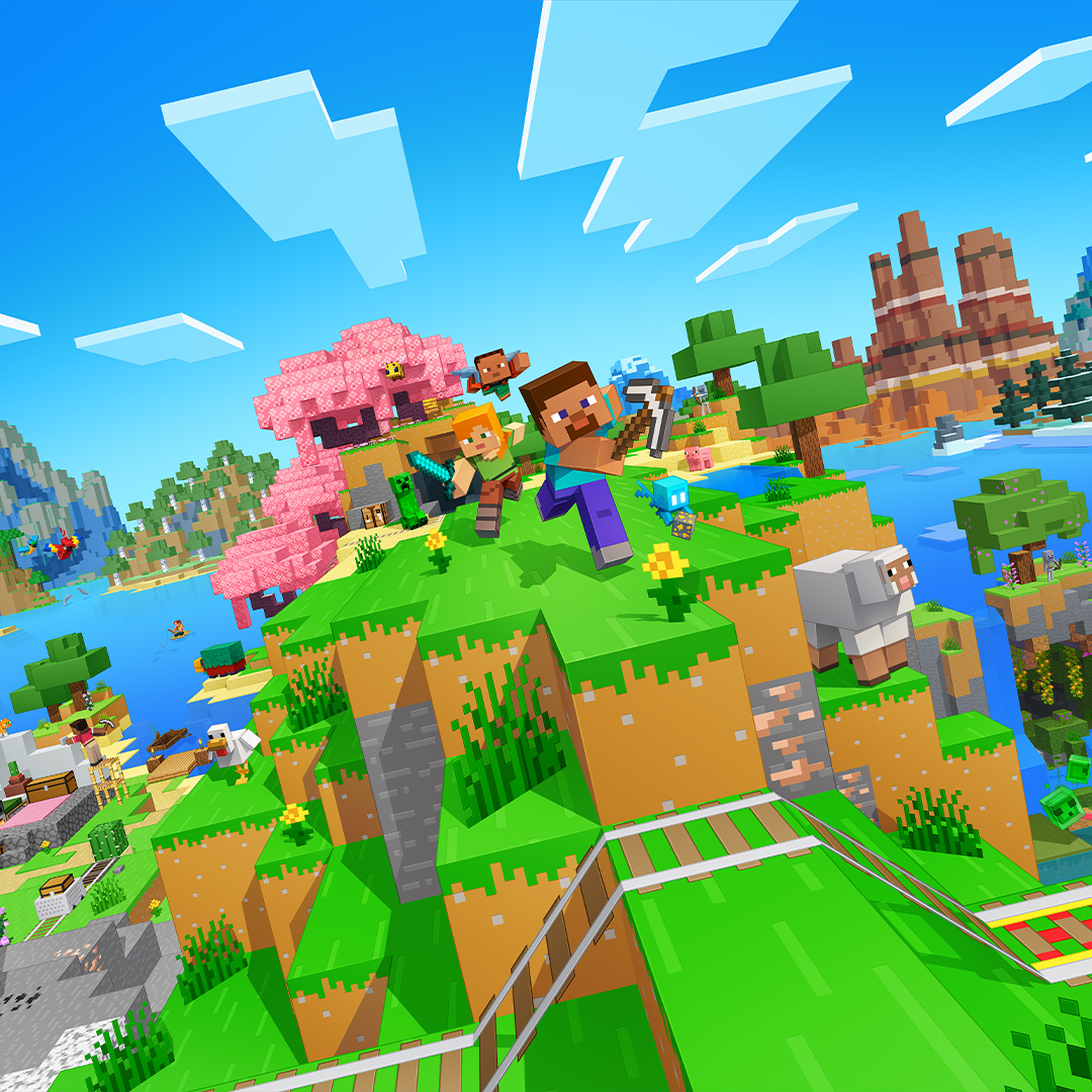 Steve and Alex leave a cave into a forest with various animals and monsters. The Nintendo Switch 2 logo appears in the corner.
