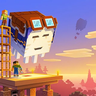 Steve og Alex står klar på en platform til at ride på en Happy Ghast