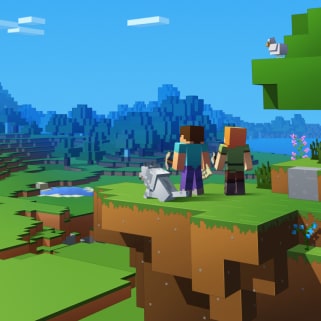 Steve, Alex og en hund står på en bakke og ser ind i en dal