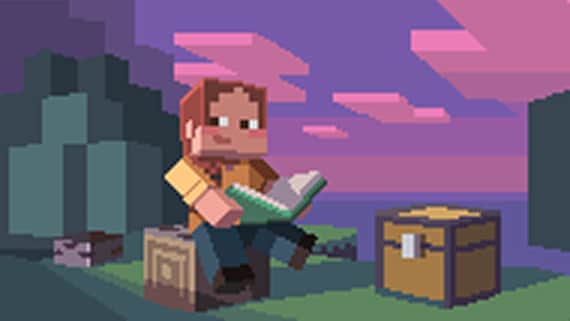 En Minecraft-karakter sidder på en blog og læser i en bog.