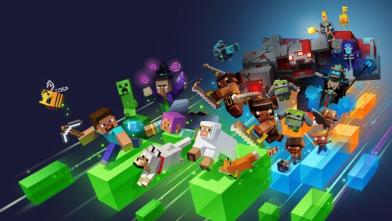 En stor gruppe Minecraft-karakterer suser hen over skærmen på farvede blokke.