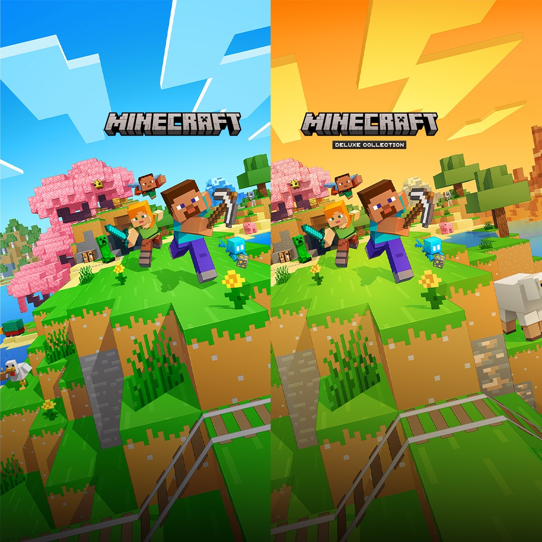 Artes promocionais de Minecraft Standard Edition e de Minecraft Deluxe Edition exibidas lado a lado. As duas imagens mostram Steve e Alex saindo de uma caverna em uma colina do mundo Minecraft.