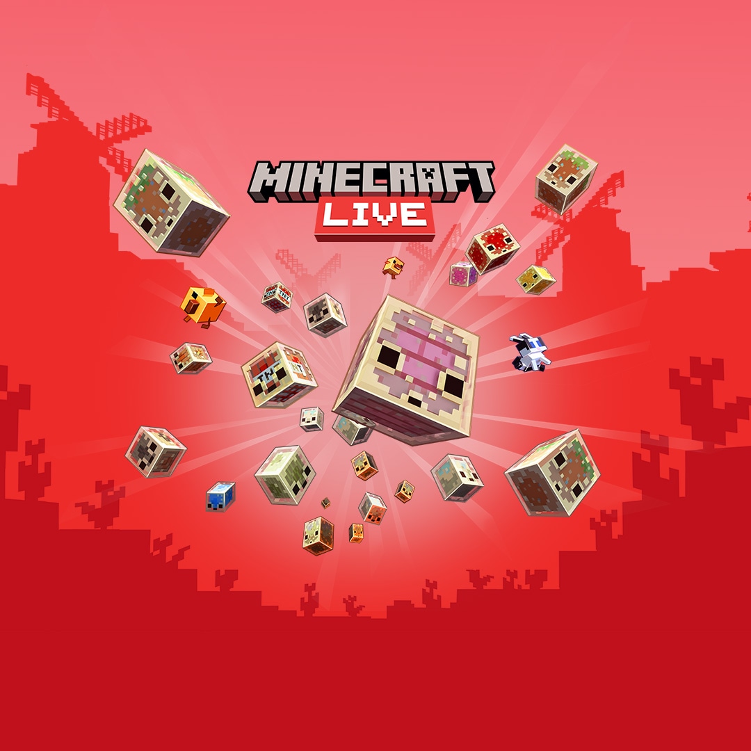 A variety of Minecraft sulfur blocks and mobs burst forth from a central light against a vibrant red background. Text reads "Minecraft LIVE."
