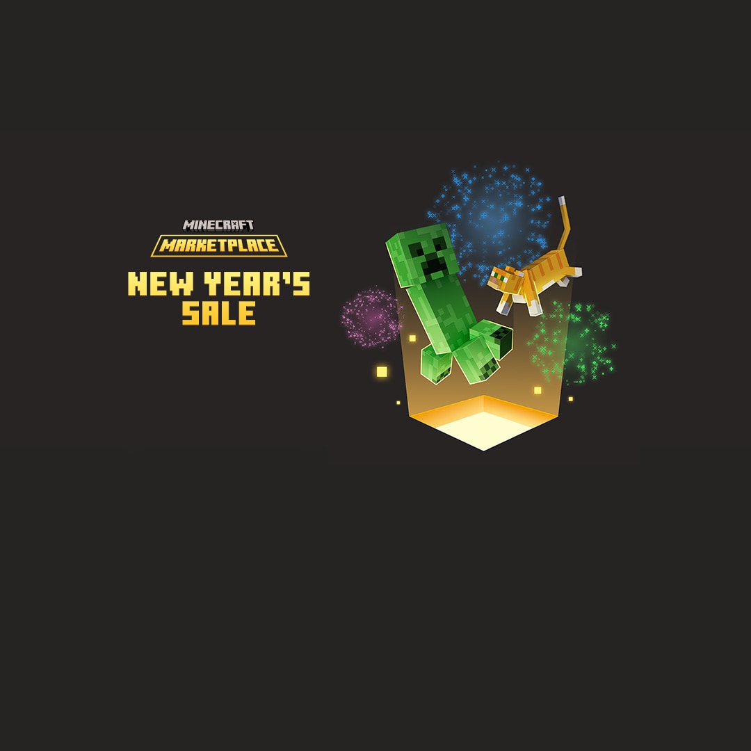 Um creeper, um gato e fogos de artifício em cima de um feixe de luz com o texto: Promoção de Ano Novo do Minecraft Marketplace